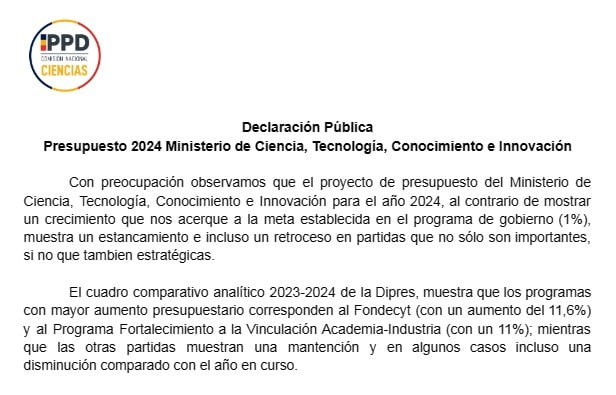 Declaración pública sobre el presupuesto 2024: Ministerio de Ciencia, Tecnología, Conocimiento e Innovación.
